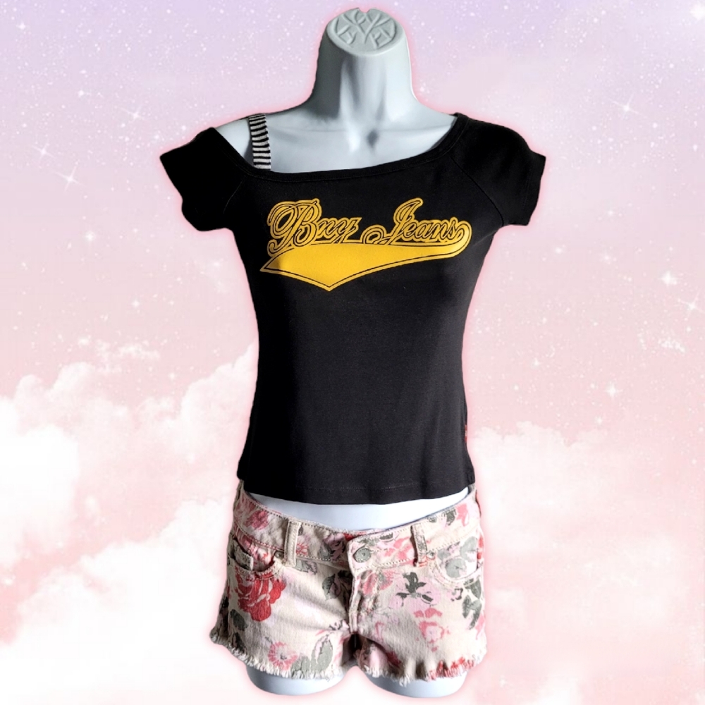 BNY Jeans Black Off-Shoulder Logo T-Shirt